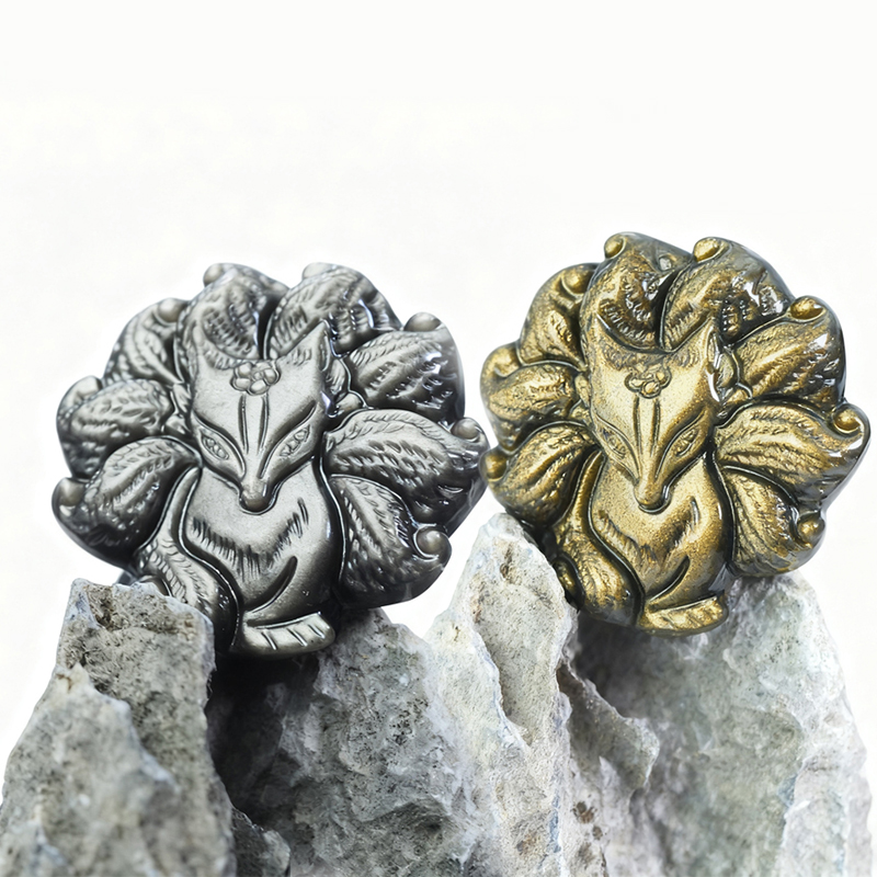 Gold & Silver Sheen Obsidian Kitsune Sculpture | Celestial Guardian of Solar-Lunar Balance - Image 2