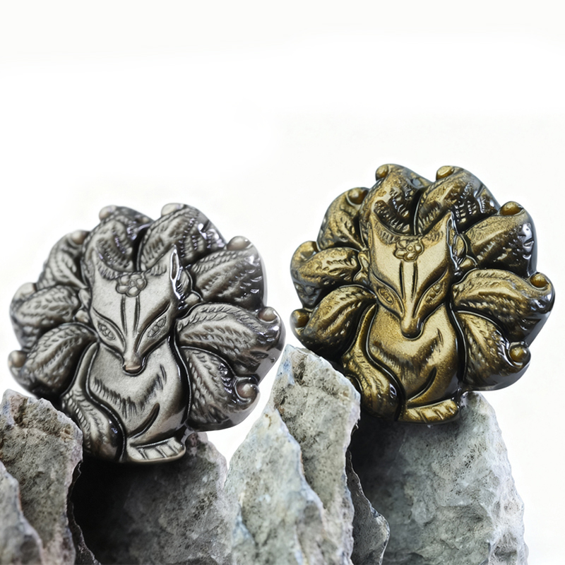 Gold & Silver Sheen Obsidian Kitsune Sculpture | Celestial Guardian of Solar-Lunar Balance - Image 3