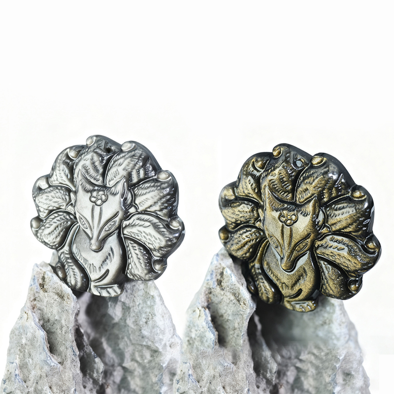 Gold & Silver Sheen Obsidian Kitsune Sculpture | Celestial Guardian of Solar-Lunar Balance - Image 4