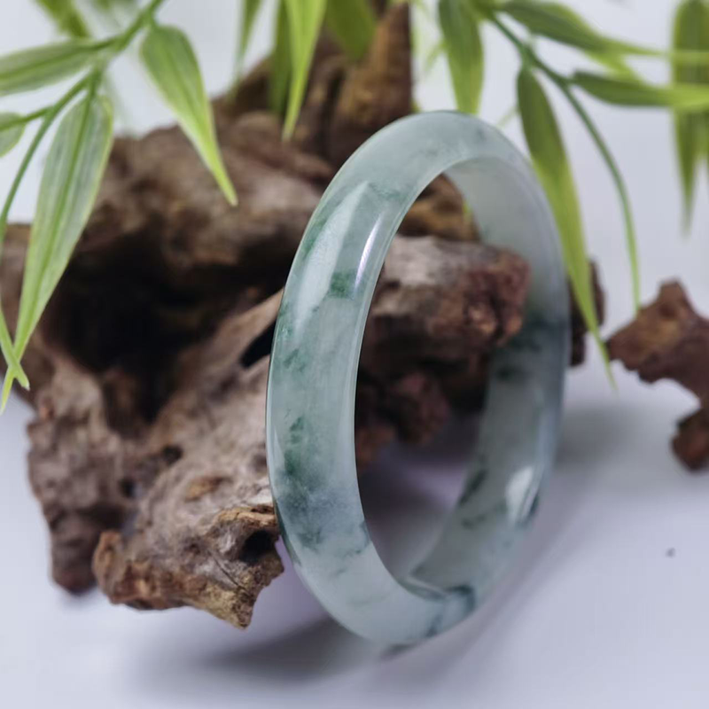 Floating Florals Concave Jadeite Bangle (52.5mm/11mm/6.5mm) | Elegant Crescent of Misty Waters - Image 4