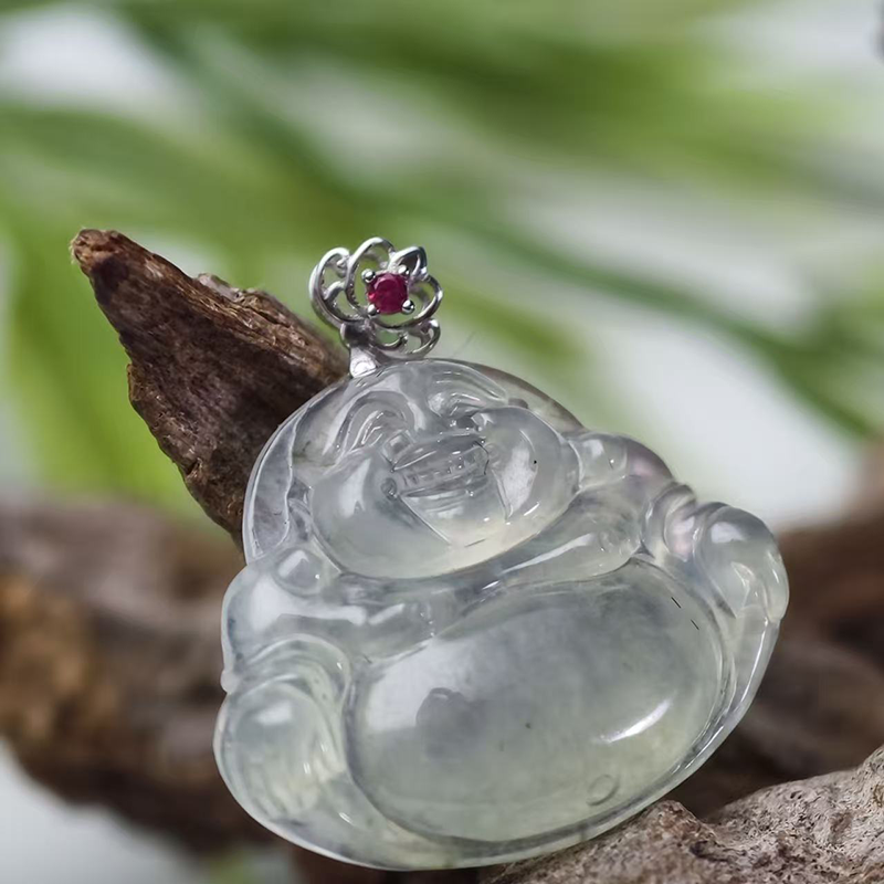 Ice-White Jadeite Buddha Pendant with 18K Gold Clasp | Clarity & Joy Talisman - Image 4