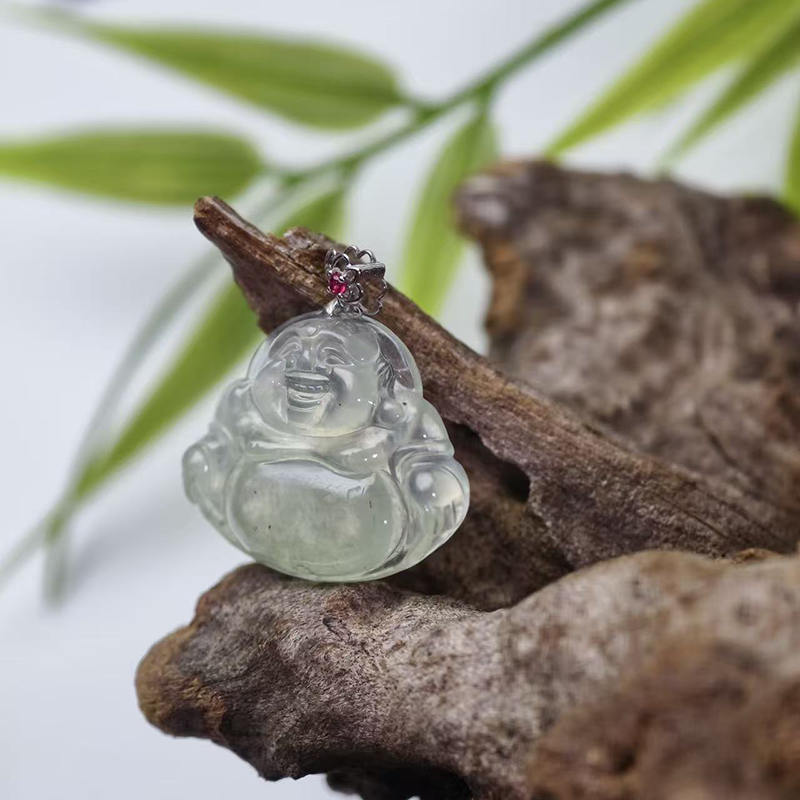 Ice-White Jadeite Buddha Pendant with 18K Gold Clasp | Clarity & Joy Talisman - Image 3