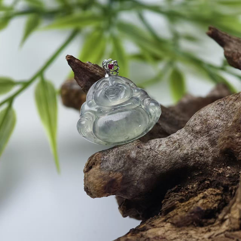 Ice-White Jadeite Buddha Pendant with 18K Gold Clasp | Clarity & Joy Talisman - Image 2