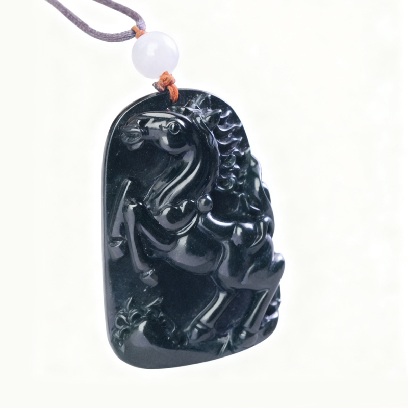 Moss Green Jadeite Horse Pendant | Steed of Success Talisman | Mo Cui Necklace - Image 3
