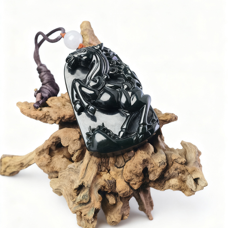 Moss Green Jadeite Horse Pendant | Steed of Success Talisman | Mo Cui Necklace - Image 2
