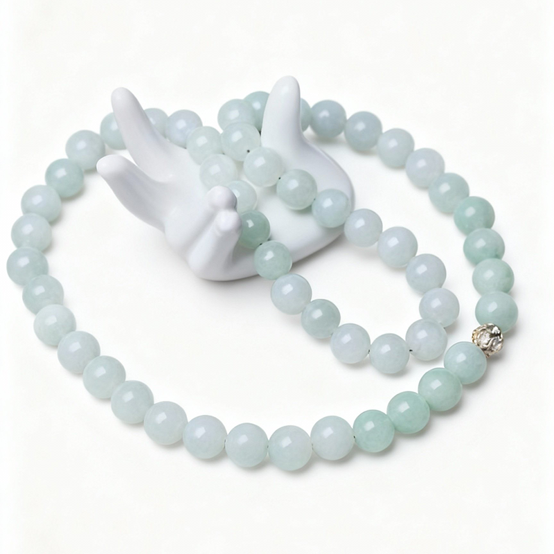 Light White Jadeite Bead Necklace (13mm) | Pearl of Serenity & Luminous Purity - Image 2